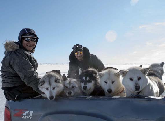 Puvirnituq mushers Aisa Sirusilak and Jean Marie Beaulne arrive in Umiujaq with their dog team March 26 ahead of this year's Ivakkak dog team race. Teams from Puvirnituq arrived late in the Nunavik community due to high winds along the Hudson Bay coast. That's delayed the start of Ivakkak by a day; organizers say the race's 13 teams will now depart Umiujaq March 28 en route to Ivakkak's finish line in Ivujivik. (PHOTO BY PIERRE DUNNIGAN/MAKIVIK)