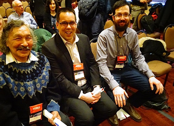 Jack Anawak, Alex Buchan and John Main, representing Nunavut's three regions, April 6 at the Nunavut Mining Symposium in Iqaluit. (PHOTO BY JANE GEORGE) 