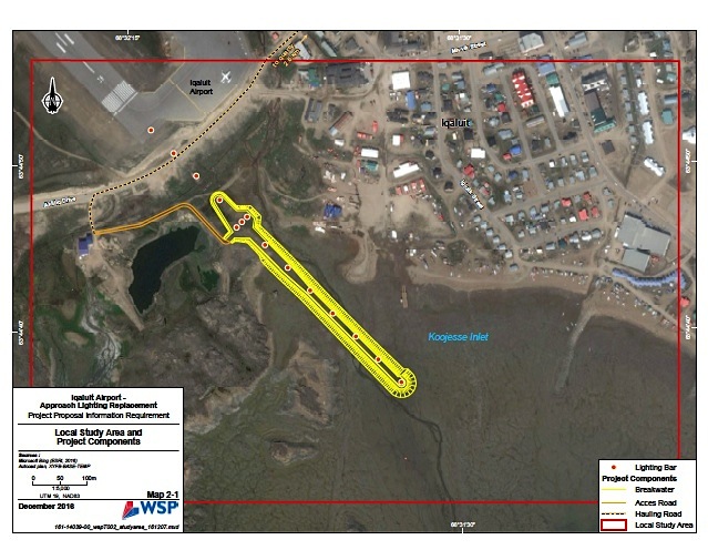 This map from the Iqaluit Airport-Approach Lighting Replacement project proposal shows where the new breakwater with approach lights would be located.