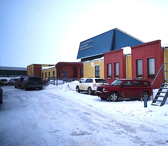 Ecole des Trois-Soleils: a little school with a big view over Frobisher Bay to the back. The school, built for about $4 million, opened in late 2001. (PHOTO BY JANE GEORGE)