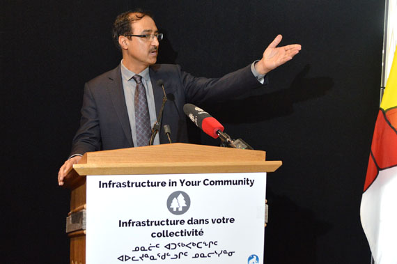 The federal minister of infrastructure and communities, Amarjeet Sohi, speaks at a funding announcement event in Iqaluit May 3. Ottawa will put 141.57 million into basic infrastructure for a list of 19 hamlets, while the Government of Nunavut will throw in another $55.7 million. (PHOTO BY STEVE DUCHARME)
