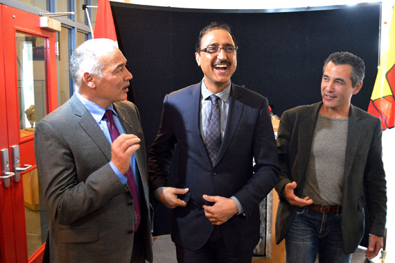 Hunter Tootoo (right), the independent MP for Nunavut, did not speak at a May 3 event in Iqaluit that announced new money for infrastructure in 19 Nunavut hamlets. But he managed to work himself into a photo with Joe Savikataaq (left), the Nunavut minister of Community and Government Services, and Amarjeet Sohi, the federal minister of infrastructure and services. (PHOTO BY STEVE DUCHARME)
