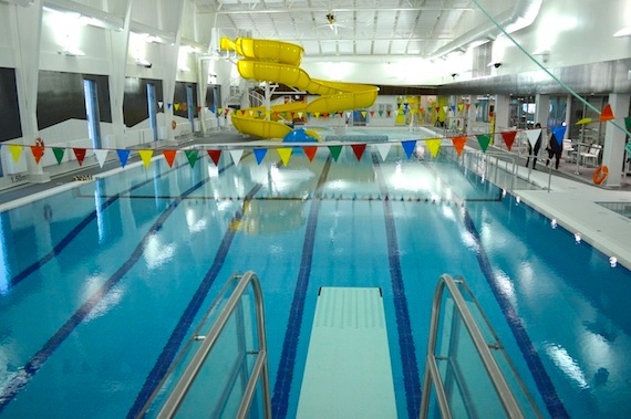 A view from the top of the diving board at the pool area, with its 25-metre, six-lane pool and leisure pool. (PHOTO BY STEVE DUCHARME)