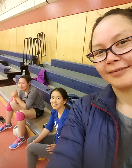 Alana Kuksuk, daughter of Nunavut MLA and cabinet minister George Kuksuk, coaches girls volleyball in Whale Cove. Here she is in late April with her daughter, Shaelyn, left, and Lyla Hapanak. (PHOTO BY ALANA KUKSUK)