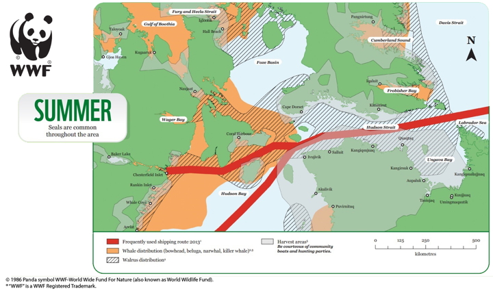 World Wildlife Fund Canada released this map today in Montreal showing marine areas in Hudson Strait frequented by whales and walruses and also where northerners hunt. (WWF CANADA MAP) 
