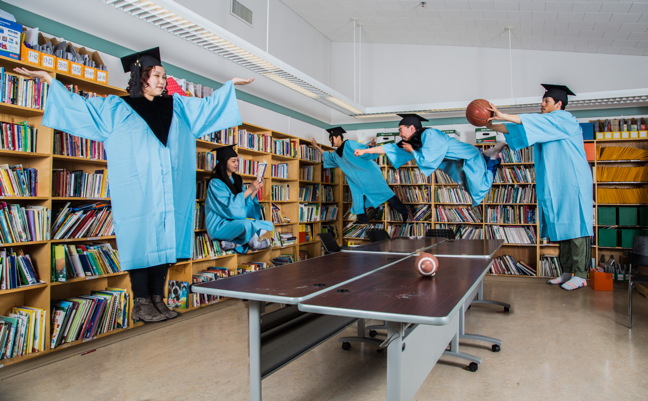 Arctic Bay's Inuujaq School graduates for 2017 are truly rising to the challenges ahead of them. Photographer Clare Kines used Photoshop to blend a couple photos to create this levitation effect. From left: Malinda Audlakiak, Amanda Akeeagok, Scott Kalluk, Jerry Attitaq and Curtis Willie. Congratulations from the team at Nunatsiaq News. (PHOTO BY CLARE KINES)