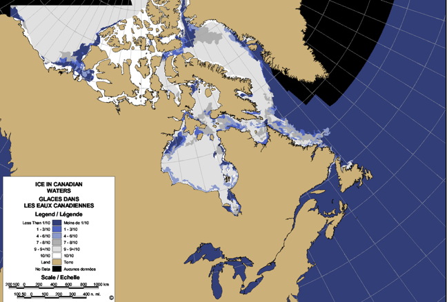 Areas of thin ice in the Arctic: The Canadian Ice Service issued this ice map June 7 which depicts the concentration of ice in Canadian waters. The white and gray colours show thick concentrations of sea ice and areas of low ice concentration are depicted in blue with dark blue showing the least ice. It appears from this map that there are areas of thin ice and open water on the western Hudson Bay Coast and in the High Arctic, between Ellesmere Island and Greenland. (PHOTO COURTESY CIS)