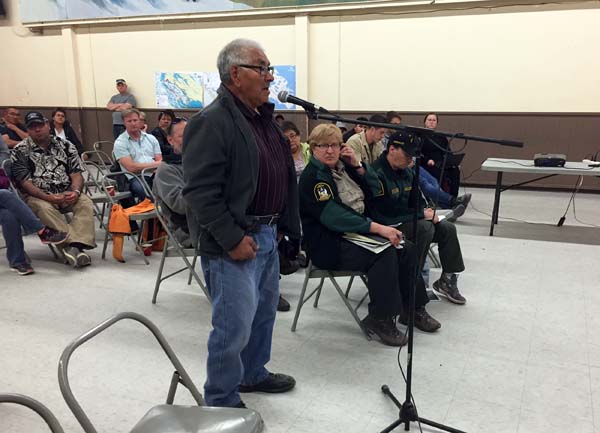 Rankin Inlet elder Jack Kabvitok asks questions about gravel pit remediation to mining representatives present at a July 28 meeting in the Kivalliq hamlet. The Kivalliq Inuit Association and Agnico Eagle Mines hosted the session to field questions from residents on project impacts. Starting Aug. 1, the KIA will host a community consultations across the region on mining royalty investment and spending. “KIA will give all Kivalliq Inuit the opportunity to give their input into how they was the net smelter returns (NSR) funds used and what types of programming is important to their community,” KIA president David Ningeongan said in a release. The consultations get underway in Whale Cove Aug. 1 and wrap up in Rankin Inlet Aug. 24. See www.kivalliqinuit.ca for more details. (PHOTO BY NOEL KALUDJAK)
