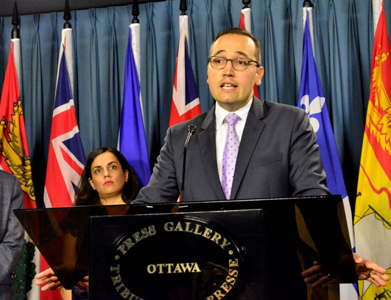 Toronto lawyer and Clyde River counsel Nader Hasan speaks to an Ottawa press conference July 26 following the release of a Supreme Court of Canada judgment quashing a seismic testing proposal in waters east of Baffin Island. Hasan says the ruling should not be misinterpreted to mean that the duty to consult Indigenous peoples lies with the National Energy Board;that responsibility remains with the Crown, he said. (PHOTO BY JIM BELL) 