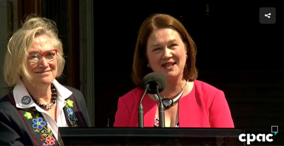 Carolyn Bennett, the minister of Crown-Indigenous Relations and Northern Affairs, and Jane Philpott, the minister of Indigenous Services, at a press conference held Aug. 28 in front of Rideau Hall in Ottawa following a swearing-in ceremony for new federal cabinet ministers. (VIDEO GRAB FROM CPAC)