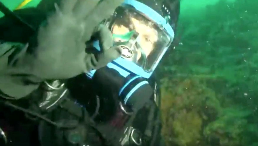 A diver with the Fish Eye Project, a group of ocean educators in B.C., signals an “OK” during an underwater dive that was broadcast from Cambridge Bay Aug. 27. (PHOTO COURTESY OF CANADA C3)