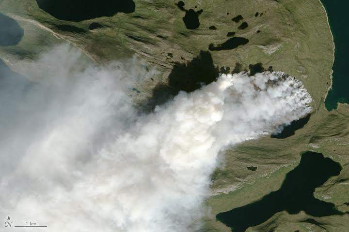Satellites have detected a sizable wildfire burning in Greenland, NASA reports. The fire is burning in western Greenland, about 150 kilometres northeast of the community of Sisimiut. Satellite sensors first detected evidence of the fire on July 31.  A preliminary analysis of satellite images suggests far more fire activity in Greenland in 2017 during any other year since the sensor began collecting data in 2002. The fire appears to be burning through peat. Read more about the wildfires on Nunatsiaqonline.ca. (PHOTO COURTESY OF NASA)