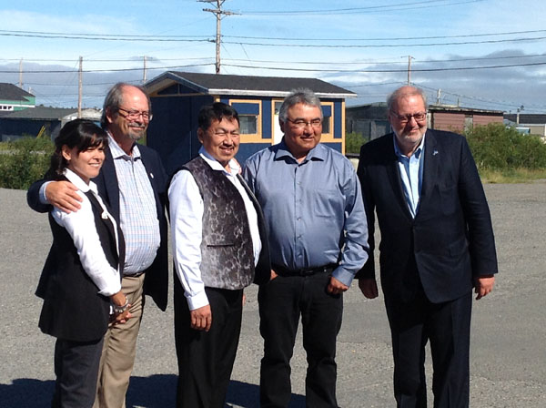 From left, Kativik Regional Government chair Jennifer Munick, Quebec’s Minister of Aboriginal Affairs Geoff Kelley, Kuujjuaq mayor Tunu Napartuk, Makivik Corp. president Jobie Tukkiapik and Quebec Minister of Energy and Natural Resources Pierre Arcand in Kuujjuaq on Aug. 7. (PHOTO COURTESY OG GOV. OF QUEBEC)