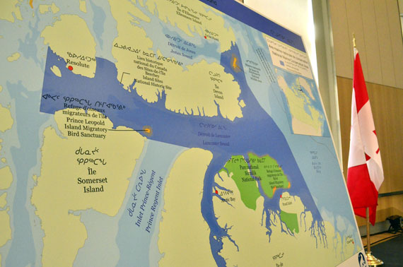 Here are the new expanded boundaries for the proposed Tallurutiup Imanga Lancaster Sound protected area, agreed upon by the Qikiqtani Inuit Association and the federal government and announced today at a ceremony in Pond Inlet attended by QIA President PJ Akeeagok, federal Environment Minister, Catherine McKenna, along with Nunavut Environment Minister Joe Savikataaq. The next step is an Inuit Impact and Benefit Agreement which the QIA and federal negotiators hope to start discussons on this fall, and complete by March 2019. See story on Nunatsiaqonline.ca. (PHOTO BY JIM BELL)