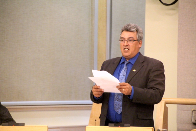 Baker Lake MLA Simeon Mikkungwak asks questions about Nunavut's yet-to-be-written legislation on legal marijuana, at Nunavut's legislature Sept. 14. (PHOTO BY BETH BROWN)
