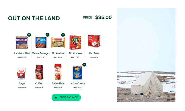 Arctic Fresh's “Out on the Land” package features five cans of luncheon meat, five cans of Vienna sausages, six boxes of Kraft Dinner, 10 packages of noodles and packagess of crackers, coffee, Coffee Mate, sugar and Red Rose tea. (SCREEN GRAB)