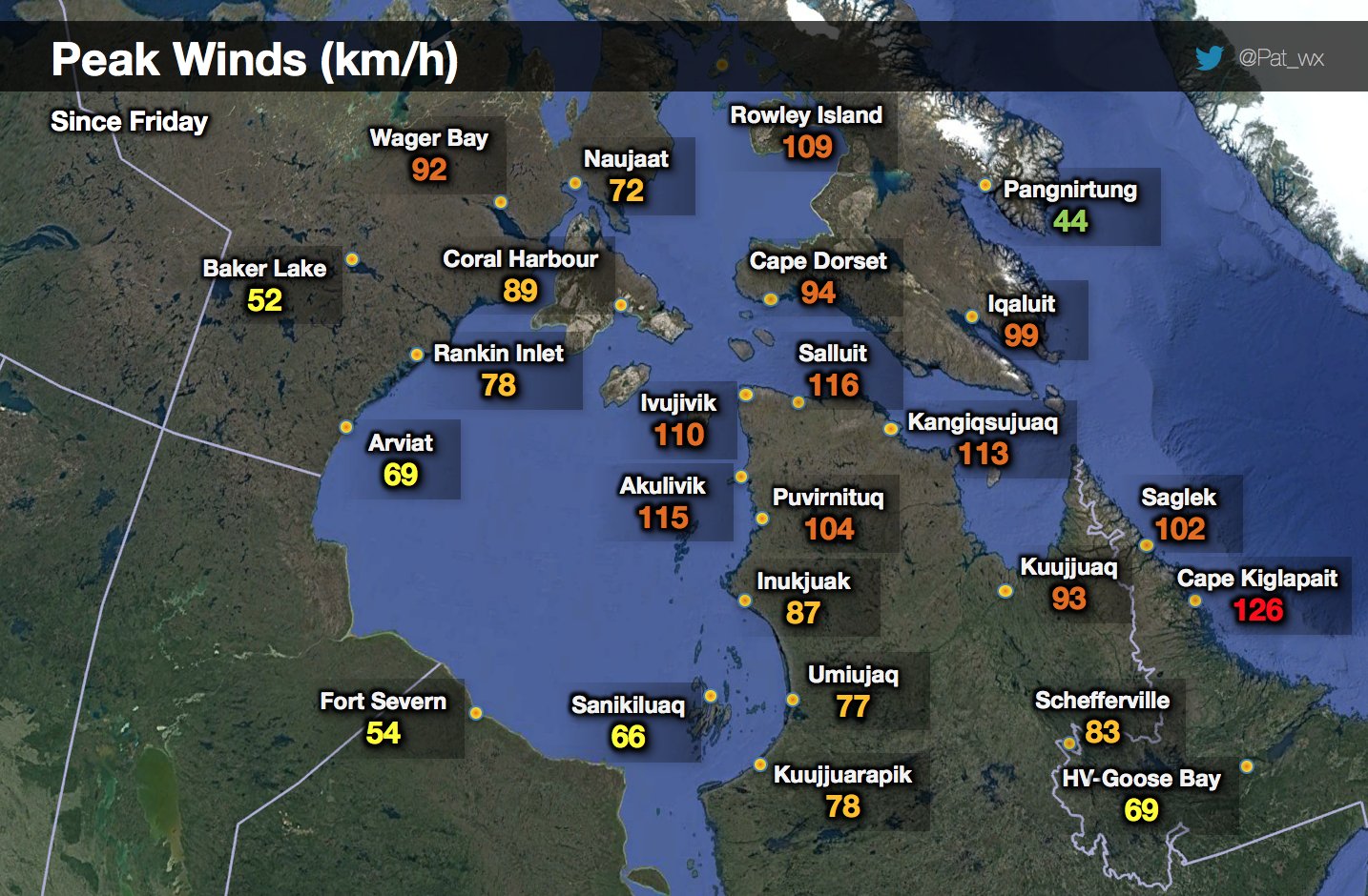 This map by weather-watcher Patrick Duplessis of Dalhousie University shows the peak winds blowing through the central and eastern Arctic from Sept. 29 into Oct. 1. The winds were caused by an intense low pressure system tracking eastward, Environment Canada said. (MAP BY PATRICK DUPLESSIS)