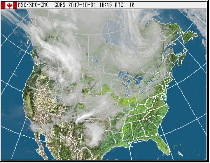 Environment Canada is forecasting wind gusts of up to 90 km/h in Iqaluit during the afternoon, with snowfall continuing until noon, Nov. 1, due to a large low-pressure system making its way across the eastern seaboard of the United States and into Canada. (ENVIRONMENT CANADA MAP)
