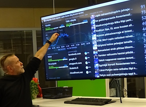 Eero Leppänen, the online manager of the Lapin Kansa newspaper in Rovaniemi, Finland, follows the number of online readers on two huge screens in the newsroom. (PHOTO BY JANE GEORGE)