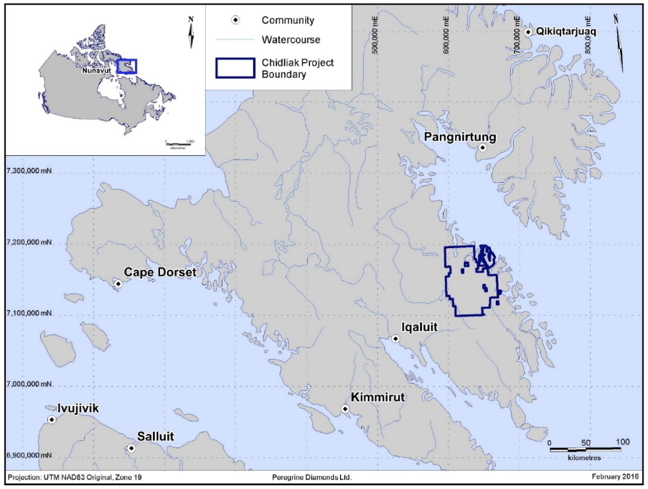A map showing where Peregrine's Chidliak diamond drilling operation is located. (PEREGRINE TECHNICAL REPORT 2016 PHOTO)