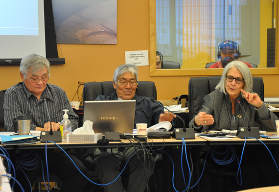 Nunavik Elders Committee members, from left, Benjamin Arreak and Bobby Snowball, present their new elders policy to KRG council Nov. 27 alongside Marie-Pierre Chevrier from Carrefour action municipale et famille, a Quebec organization that helped draft the plan. (PHOTO BY SARAH ROGERS) 