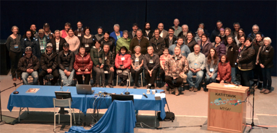 The Nunavik Regional Working Group on Food Security is working alongside the Nunavik Regional Board of Health and Social Services to develop a regional policy on food security. Here, about 80 Nunavimmiut are pictured at the end of the first working session hosted in Kuujjuaq last month. The group hopes to develop an action plan to improve access to traditional food: enhancing local food production and promoting healthy eating. The working group will draft a set of recommendations in the final plan, set to be released in the fall of 2018. (PHOTO COURTESY OF NRBHSS)