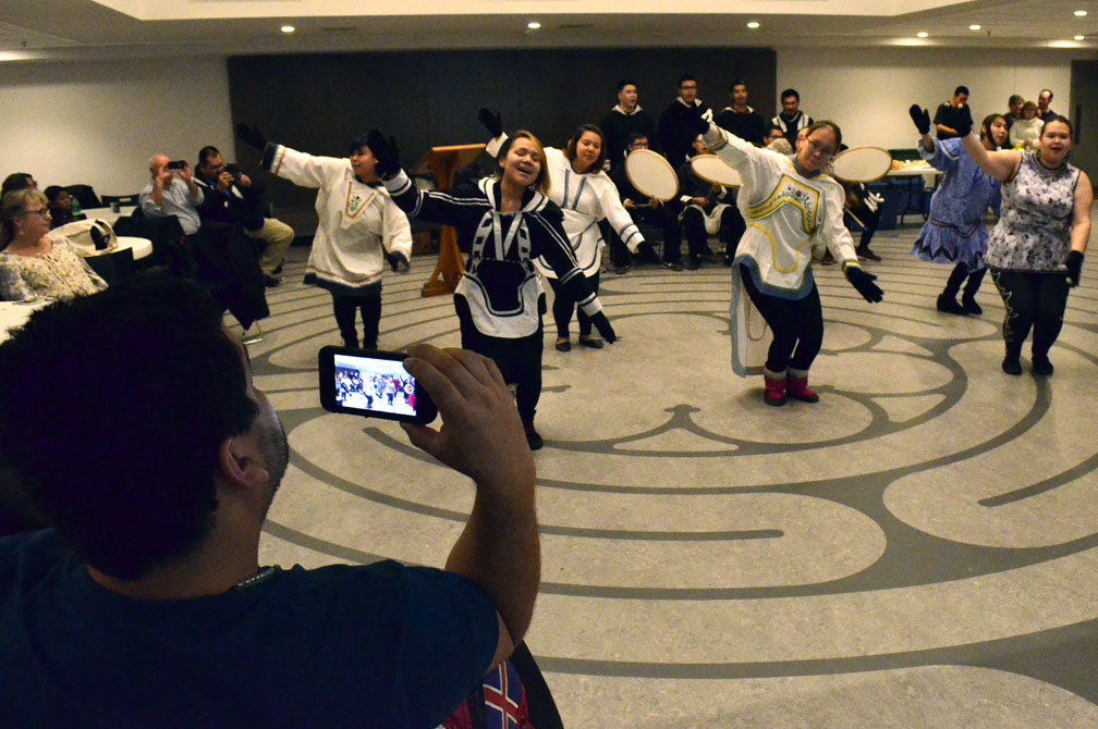 Students from the Nunavut Sivuniksavut program in Ottawa perform a Western Arctic-style drum dance at an Inuit Day celebration this past Nov. 7. The Inuit Circumpolar Council hopes that, in the future, recognition of Inuit Day will grow. (PHOTO BY JIM BELL)