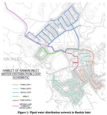 This map shows the path taken by Rankin Inlet's potable water. It's first pumped from Nipissar Lake along a two-kilometre pipeline to the Williamson Lake Pump House in the centre of town. From there it is chlorinated, stored and then fed into five loops of buried pipe. (GOVERNMENT OF NUNAVUT PHOTO)