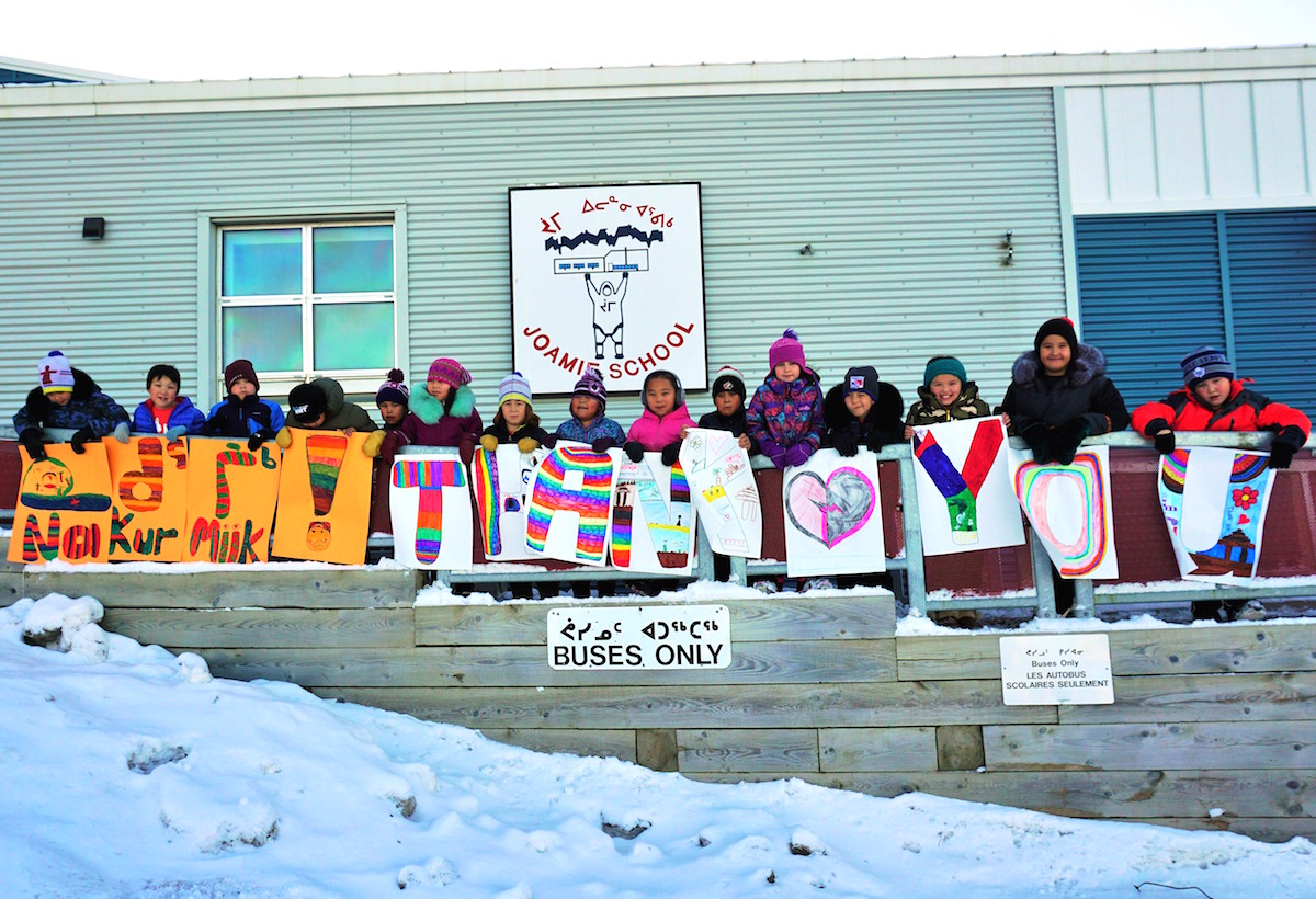 Iqaluit's Joamie School students hold up posters thanking the Mikey Network for the school's new defibrillator, one of 2,000 defibrillators placed by the non-profit Mikey Network since 2003, which, the network says, have helped save 36 people, some of them children. “Because it is so difficult for first responders to address health emergencies quickly in a geographically remote area that experiences harsh winter conditions, school officials reached out to the Mikey Network, and now having this defibrillator offers a second chance at life should anyone experience sudden cardiac arrest,