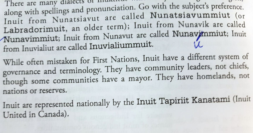This photo shows a section of the 18th edition of The Canadian Press Stylebook that contains errors pertaining to Inuit nomenclature. (PHOTO BY JIM BELL)