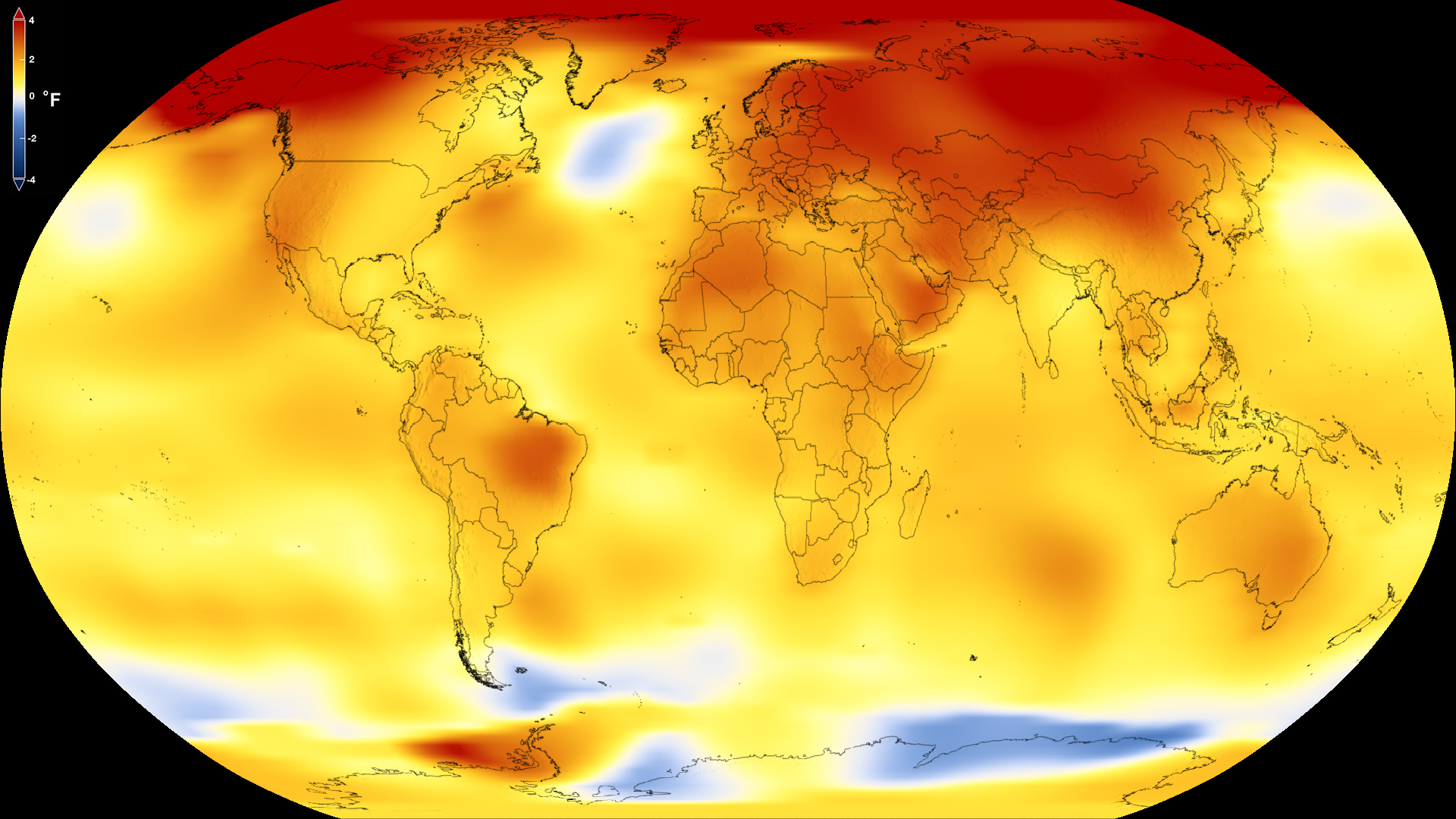 This map shows Earth’s average global temperature from 2013 to 2017, as compared to a baseline average from 1951 to 1980, according to an analysis by NASA’s Goddard Institute for Space Studies. Yellows, oranges, and reds show regions warmer than the baseline. (IMAGE FROM NASA'S SCIENTIFIC VISUALIZATION STUDIO)