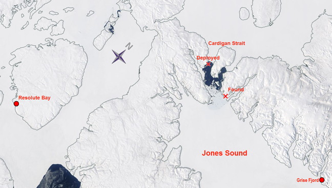 This satellite image shows the original location of a tidal sonar moored in Cardigan Strait in 2005. The sonar, which became lost in 2007, was found 10 years later, between 10 and 15 kilometres from where it was first launched. (PHOTO COURTESY OF NASA WORLDVIEW)