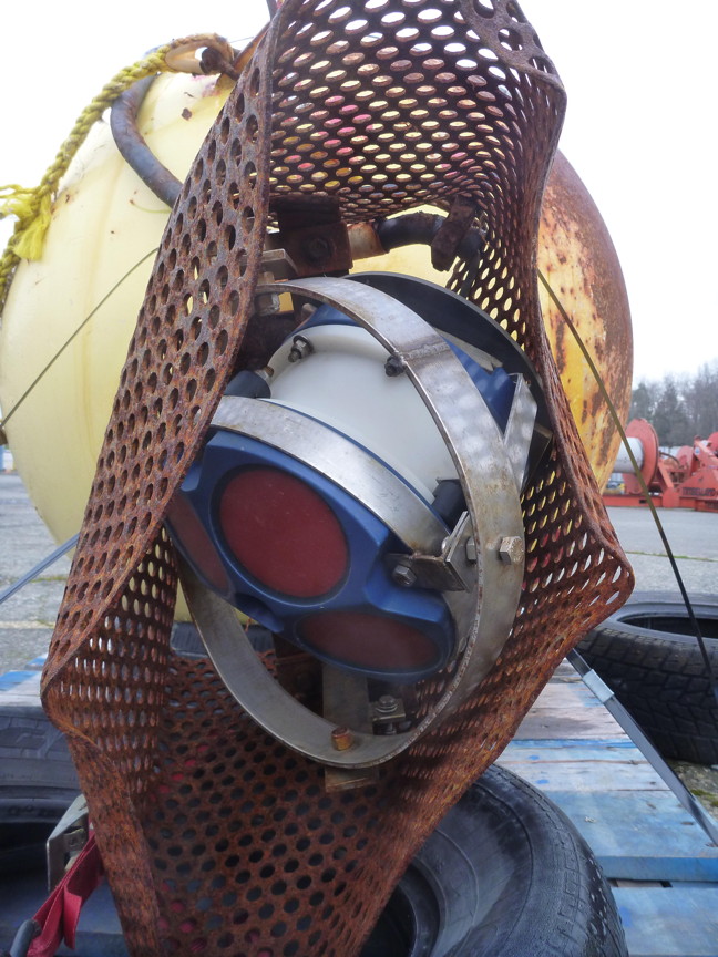 A view of an underwater sonar attached to a steel float. The sonar was found to have useable tidal data on it, despite it being lost for over a decade. (PHOTO COURTESY OF HUMFREY MELLING)