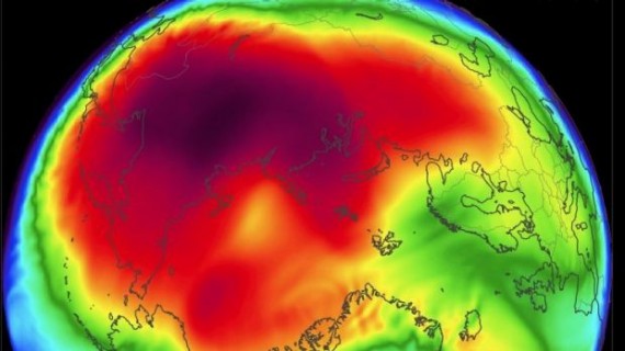 This visualization of air temperatures shows an especially strong Arctic air vortex, which has pulled cold air down over Nunavut's Kivalliq region and drawn warm air up from the south to the North Pole. (PHOTO GLOBALWEATHERLOGISTICS.COM)