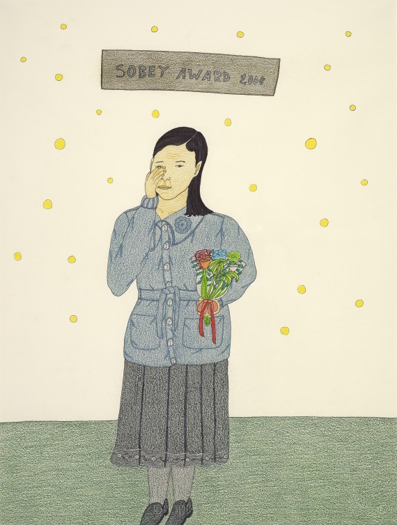 In this self-portrait, Pootoogook shows herself after winning the prestigious Sobey Art Award, which came with a $50,000 cash prize, in 2006. “They like my work, so I was happy,