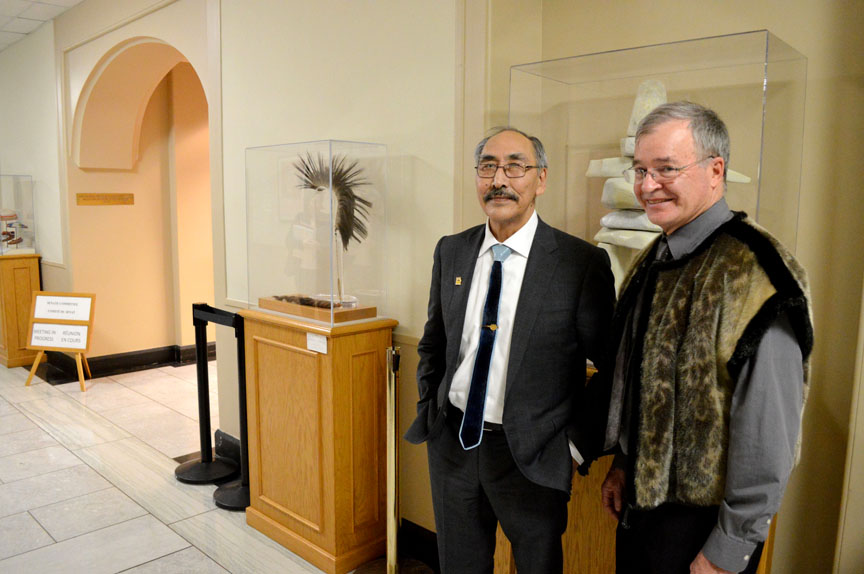 Nunavut Premier Paul Quassa and Nunavut Senator Dennis Patterson on Parliament Hill yesterday evening, when Quassa appeared before the Senate special committee on the Arctic. (PHOTO BY STEVE DUCHARME)