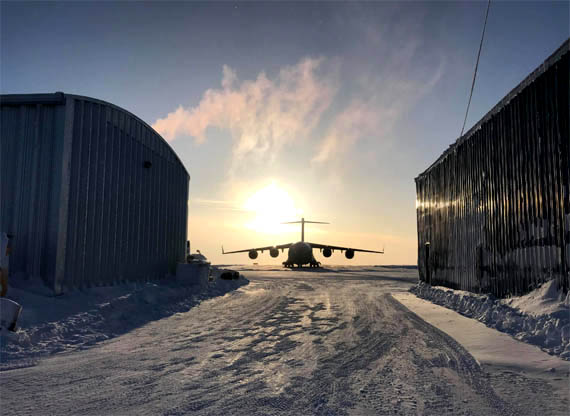 A C-17 Globemaster waits to taxi on to the apron at the Cambridge Bay airport Feb. 20. The military aircraft is bringing supplies to the Kitikmeot community ahead of Operation Nunalivut 2018, which will take place from Feb. 23 to March 19. Some 300 Canadian Forces members and Canadian Rangers are expected to take part in patrols on the land and sea ice, underwater and in the air. (PHOTO BY JAMIE TAIPANA)