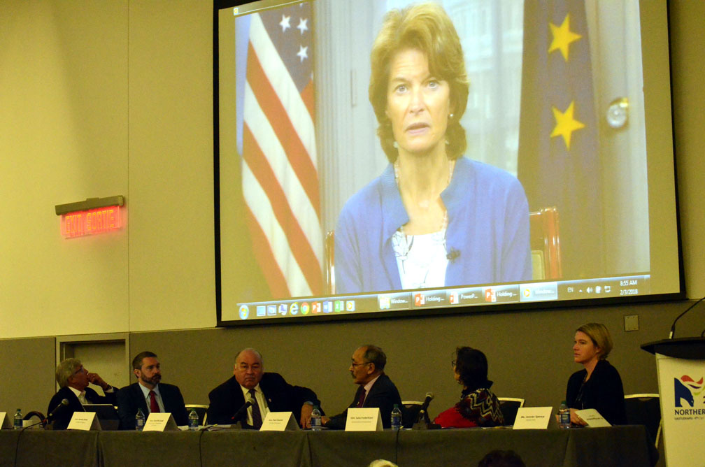 North American Arctic leaders at a discussion panel held Feb. 3 in Ottawa and sponsored by the Centre for International Governance Innovation listen to a video message from Senator Lisa Murkowski of Alaska: from left to right, Alaska Lt.-Governor Byron Mallottt; Yukon Premier Sandy Silver; Northwest Territories Premier Bob McLeod; Nunavut Premier Paul Quassa; Suka Fredriksen, Greenland's minister of independence, foreign affairs and agriculture; and moderator Jennifer Spence of CIGI. (PHOTO BY JIM BELL)