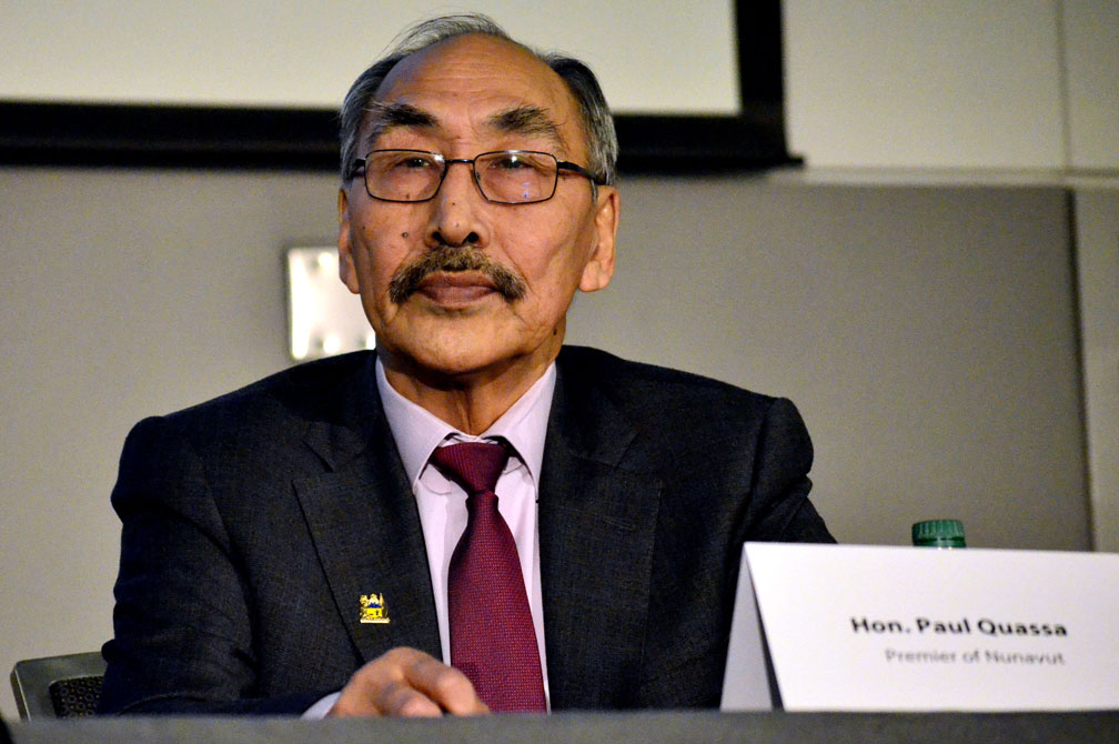 Nunavut Premier Paul Quassa at a gathering of Northern American Arctic leaders held Feb. 3 at the Northern Lights trade show in Ottawa. He said Nunavut needs better roads, ports and fibre-optic communication links, plus a devolution agreement that would transfer control over public lands and natural resources from the federal government to Nunavut. (PHOTO BY JIM BELL)
