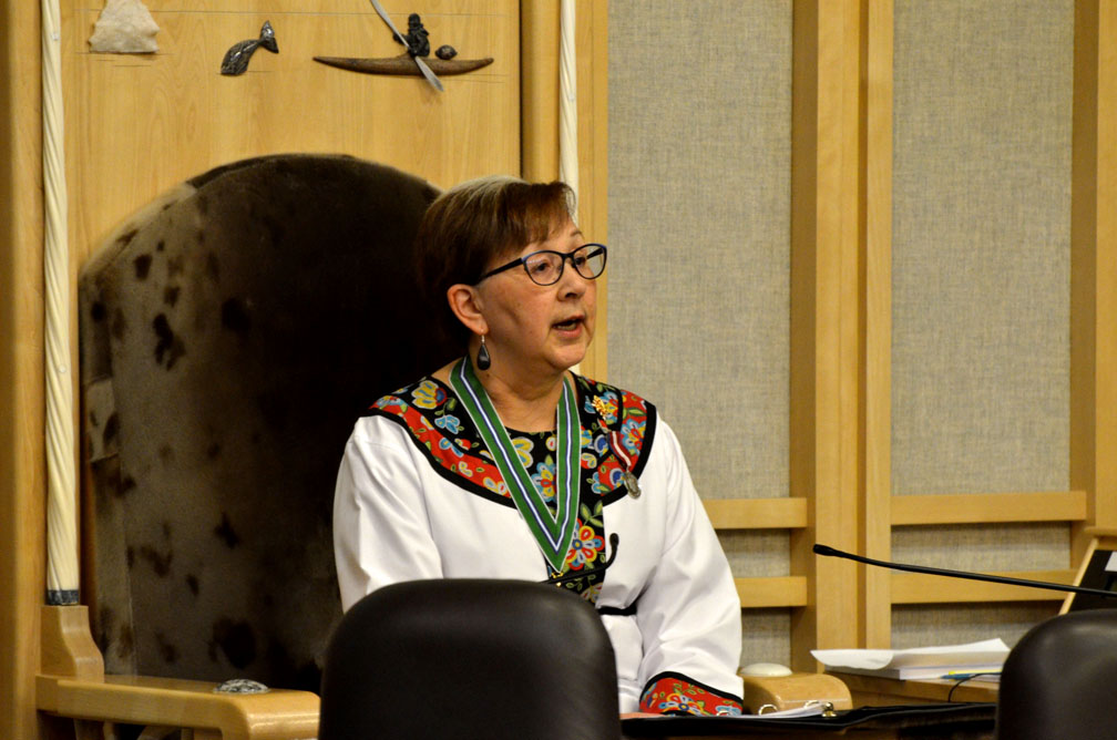 Nunavut Commissioner Nellie Kusugak delivers a commissioner's address on Tuesday, March 20 in the Nunavut legislature, marking the start of the second session of the fifth Nunavut legislative assembly. (PHOTO BY STEVE DUCHARME)