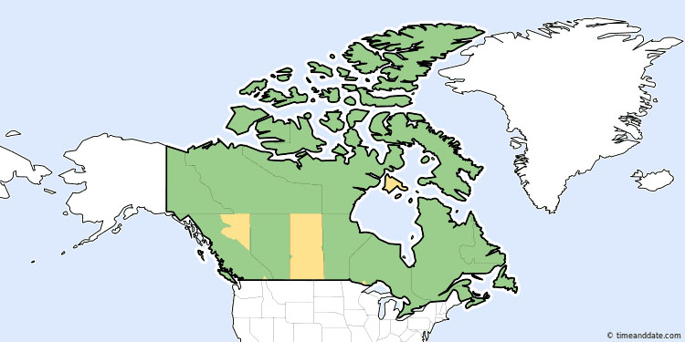 The map shows the regions in Canada, marked in orange, that do not follow daylight saving time. They include Coral Harbour on Nunavut's Southampton Island. (TIMEANDDATE.COM)