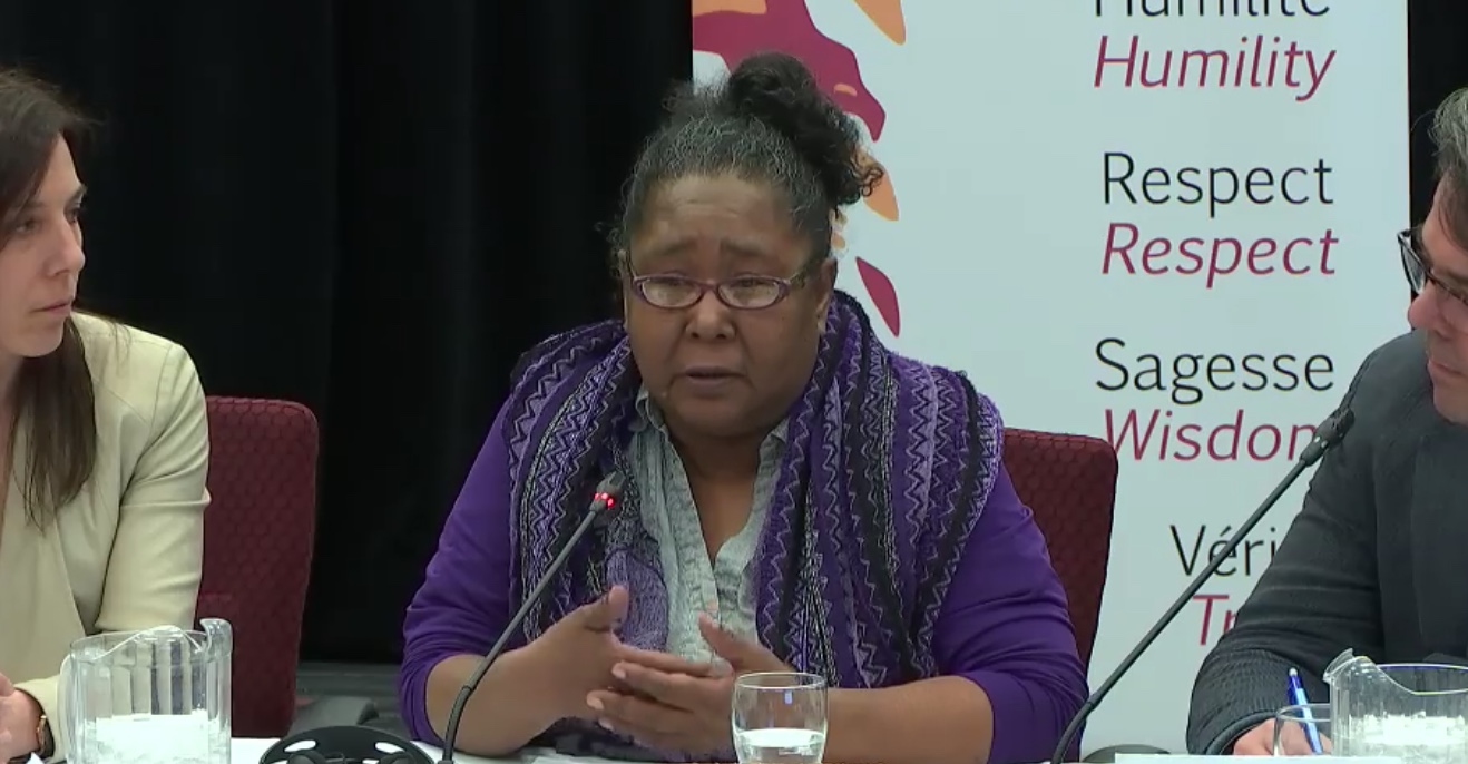 Annie Pisuktie, secretary of the Southern Quebec Inuit Association, speaks March 21 at the Viens commission hearing in Montreal about the needs of Montreal's growing Inuit population. (SCREEN SHOT)
