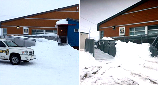 When an Umiujaq family complained that the community's Kativik Regional Police Force station was inaccessible due to the build-up of snow on its front ramp, someone heard their message. A day after Nunatsiaq News ran a photo of the snow-covered ramp, staff appear to have begun clearing it. Are there parts of your community you'd like to see cleaned, fixed or made more accessible? Send your photos to our Facebook page at www.facebook.com/NunatsiaqNews. (PHOTO COURTESY OF ALAN PATTERSON)