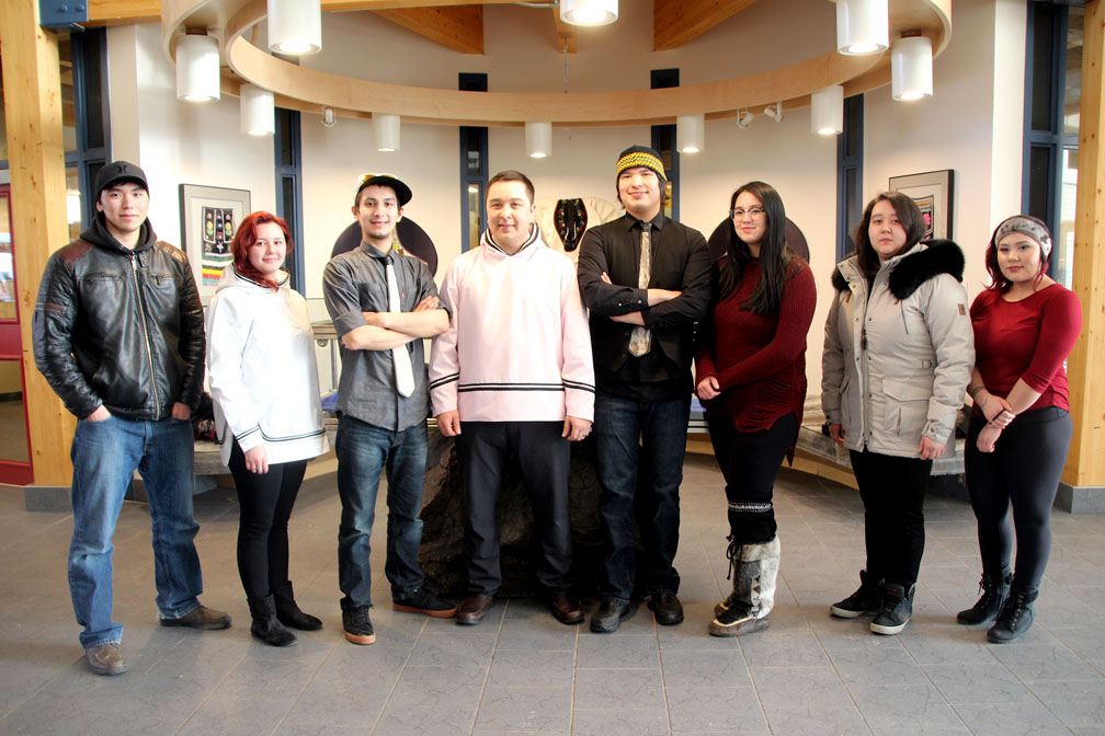 The seven young Nunavut artists who won the third annual Qilaut song contest stand at the legislature in Iqaluit on Wednesday, March 7 with David Joanasie, the minister of culture and heritage. If you're in Iqaluit today, you can hear them perform their 12 winning pieces tonight at the Tisi area inside Inuksuk High School in a concert and CD launch that runs from 7 p.m. to 9 p.m. The evening marks the end of Uqausirmut Quviasuutiqarniq, the GN's annual celebration of Inuktut and Inuit culture. You can get a free copy of the Qilaut CD at the concert, or during business hours at the Trigram building 903 in Iqaluit. You can also download the album here: www.ch.gov.nu.ca. (PHOTO BY BETH BROWN)