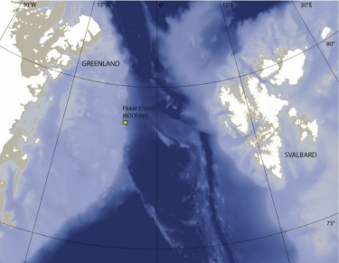 The green dot on this map of Fram Strait shows where the hydrophone was located from 2010-2014. This region is only accessible to ships in late summer. The hydrophone was moored about 80 metres below the surface in water 1,020 metres deep. (IMAGE COURTESY OF KATE STAFFORD/UNIVERSITY OF WASHINGTON)