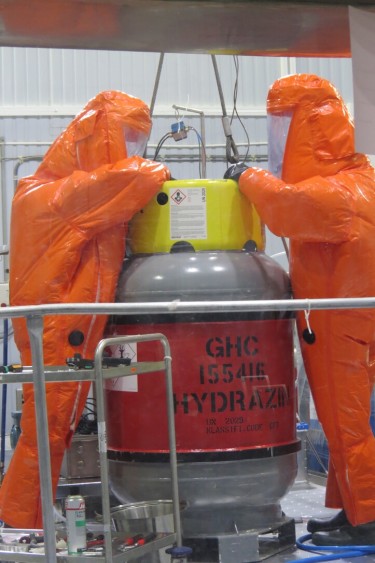 This is how you should dress if you’re handling hydrazine fuel. These experts wear pressurized Hazmat suits while fueling the Copernicus Sentinel-3B satellite and pressurizing the tank for its life in orbit. (PHOTO BY ESA–S. CORVAJA)