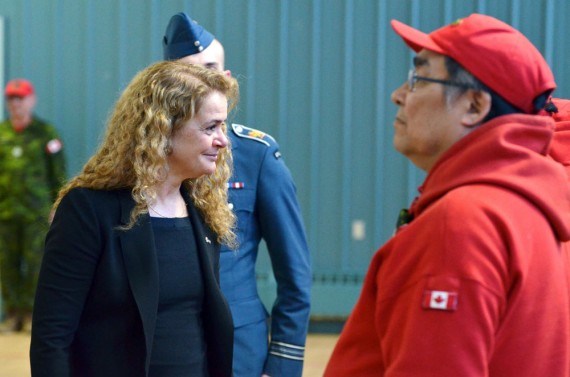 The governor general of Canada, Julie Payette, received military honours during her first official visit to Nunavut, when she was welcomed by a quarter-guard of Canadian Rangers and Royal Canadian Air Cadets who waited patiently for her arrival at Iqaluit's Royal Canadian Legion Cadet Hall on the morning of Thursday, April 12. She will also participate in this year’s Toonik Tyme and accept the prestigious role of “Honorary Toonik” during the spring festival’s opening ceremony tonight at 7 p.m. in the curling rink. (PHOTO BY STEVE DUCHARME)