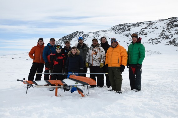 Arctic UAV’s test team headed to Burton Bay, near Iqaluit, on the week of April 2 to test its Ukpik HEF32 unmanned aerial vehicle. Back row, from left: Marijn van de Ruit, Glenn Williams, Kirt Ejesiak, Jake Weber, William Flaherty, Thibaut Larquey, Eli Turk and Keane Sudlovenick. Front row: future UAV pilots Noah Ejesiak and Aiden Williams. (PHOTO COURTESY ARCTIC UAV)