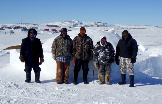 The Unaaq Men's Association of Inukjuak made this traditional igloo between March 23 and 29 as part of Innalik School’s culture week. Construction was overseen by elder instructors Elijassie Weetaluktuk and Lucassie Echalook. Trainee builders included Harry Tukai, Marco Ohaituk, Johnny Mark Angnatuk and Isa Ohaituk. Charlie Nowkawalk also helped. (PHOTO COURTESY OF UNAAQ/FACEBOOK)

