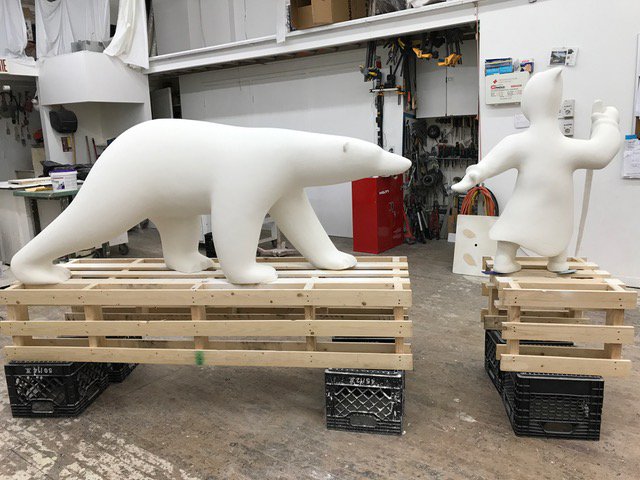 These large sculptures of a polar bear and an Inuk hunter are on their way to being installed at the Canadian High Arctic Research Station in Cambridge Bay. A public call-out from Polar Knowledge Canada offers you the chance to provide direction to the federal agency that manages CHARS. (PHOTO COURTESY OF THE GOVERNMENT OF CANADA)